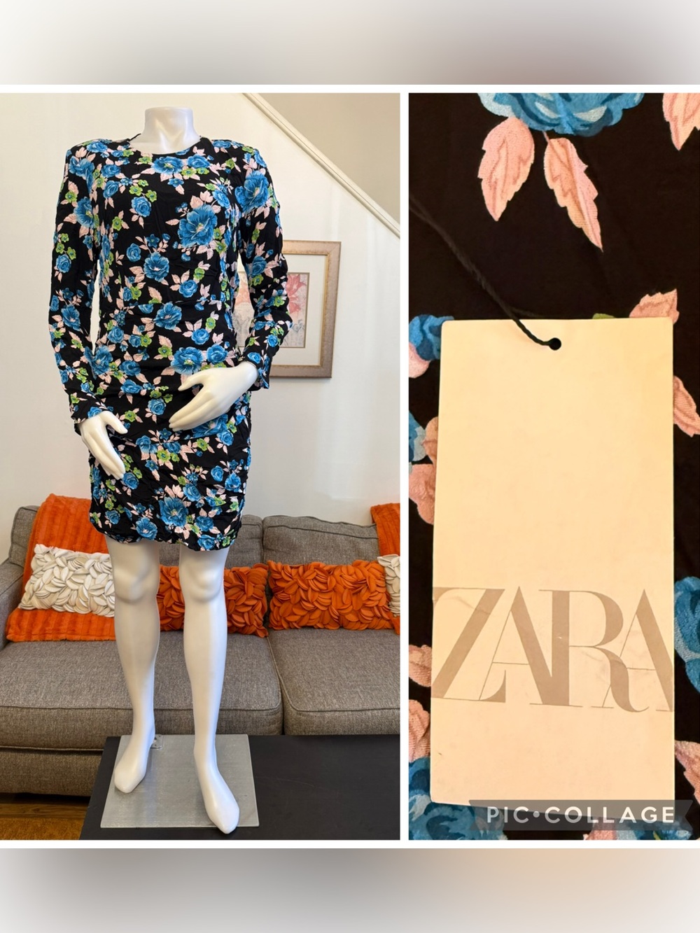 NWT ZARA Floral Print Open Back Long Sleeve Mini Dress